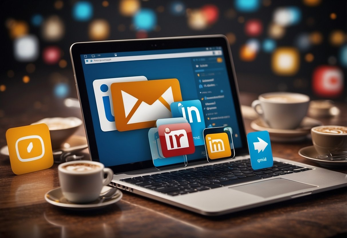 LinkedIn and Gmail logos surrounded by email icons and contact forms