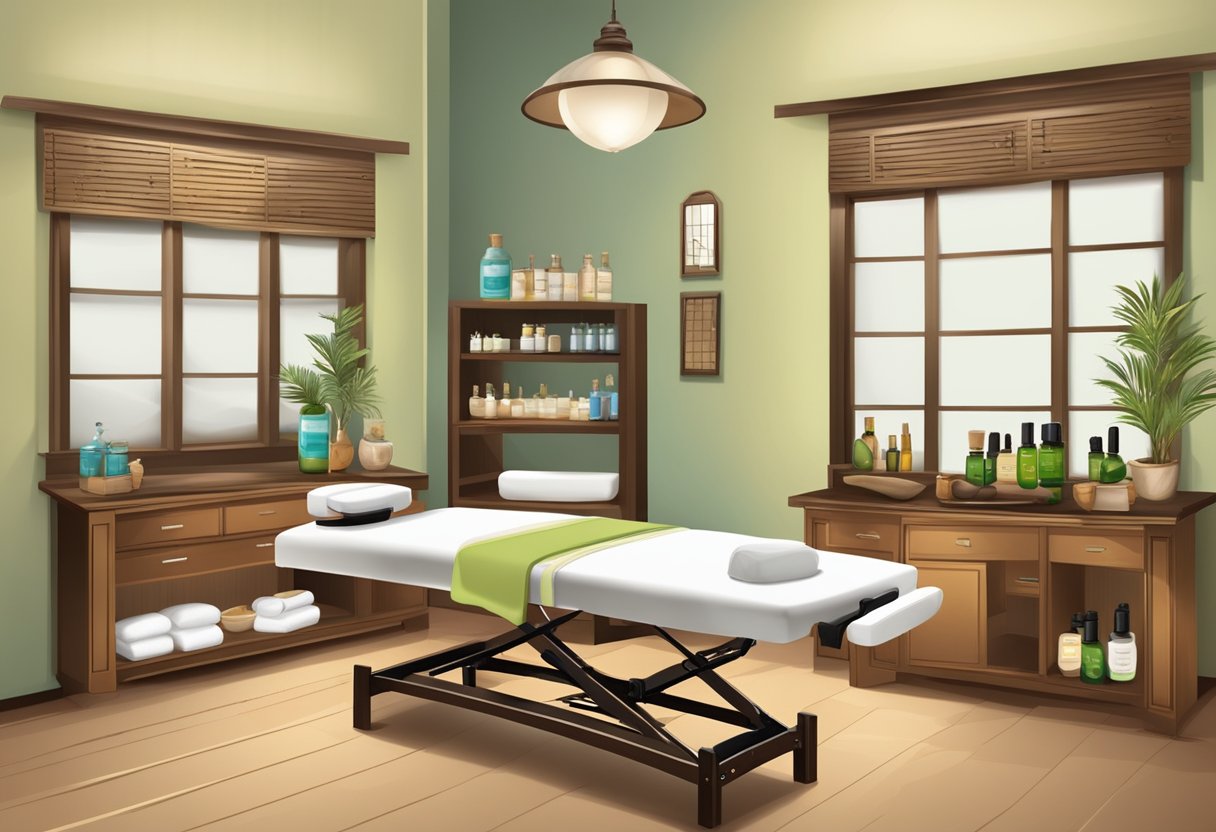 A massage table with different massage tools and oils displayed, a sign with "Masseuse, Masseur, Massage Therapist" written on it