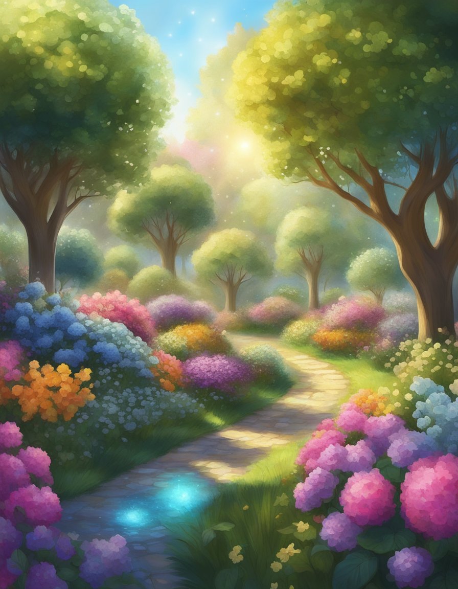 A lush garden with blooming flowers and fruit-bearing trees, surrounded by a glowing aura of light, symbolizing growth and abundance