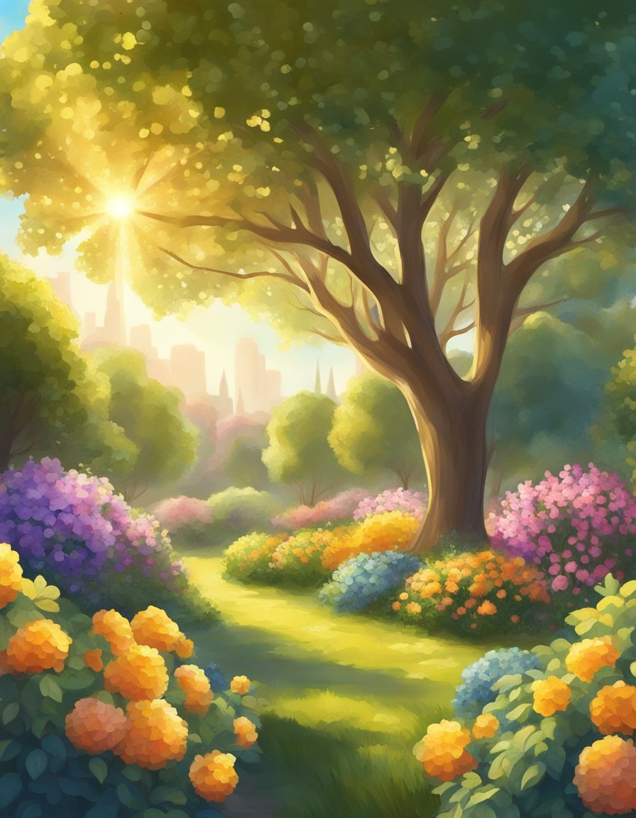 A lush garden with blooming flowers and fruit-bearing trees, surrounded by rays of golden light, symbolizing growth and abundance