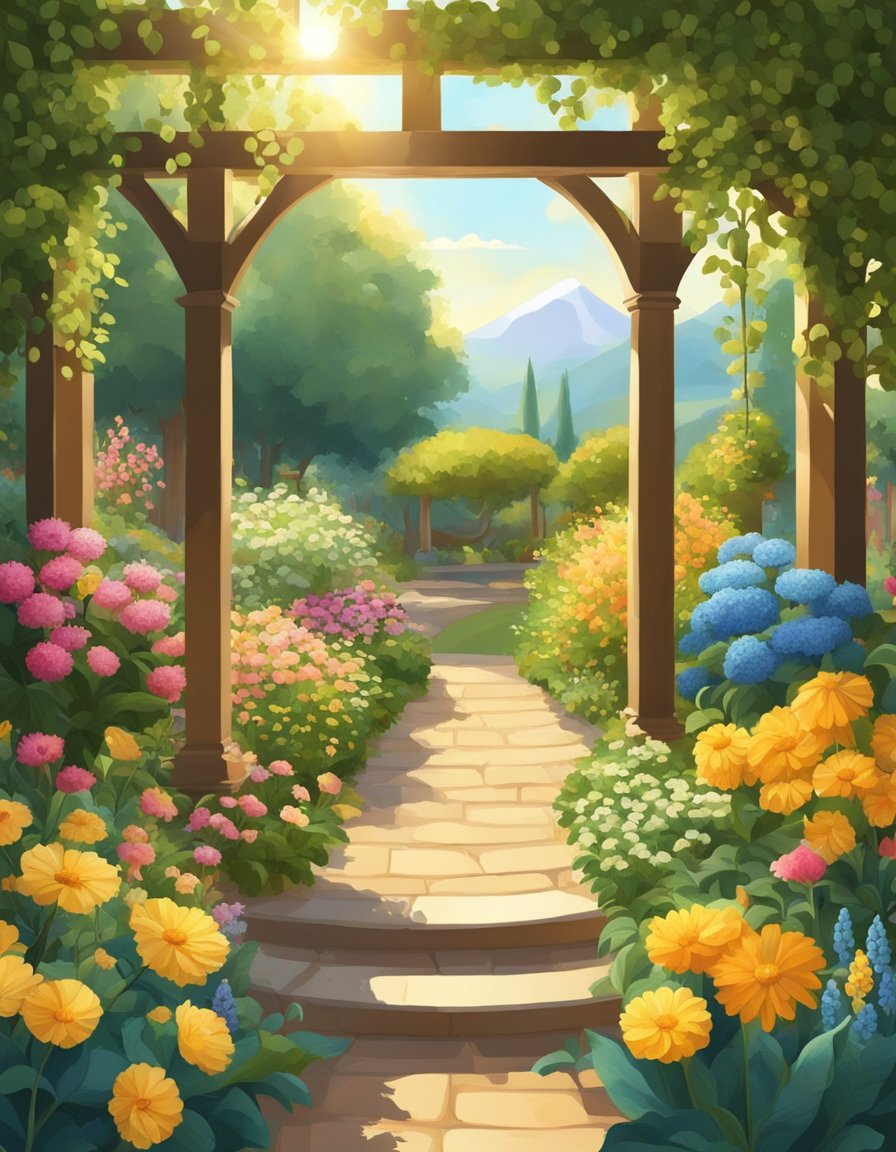 A flourishing garden with blooming flowers, ripe fruits, and thriving plants, surrounded by beams of golden sunlight and a sense of abundance