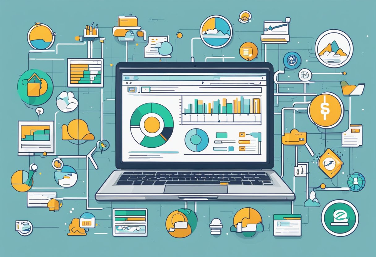 A laptop displaying SEO analytics, surrounded by icons of various online platforms, with a graph showing increased website traffic