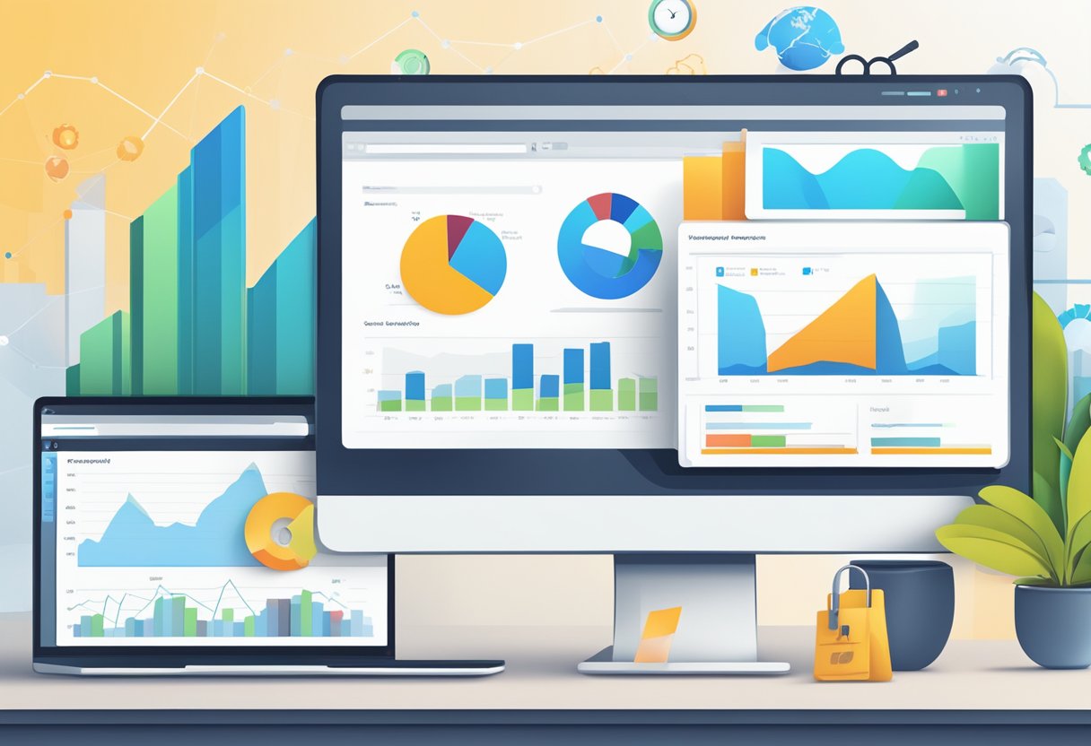 A laptop displaying SEO analytics tools and graphs, with a service-based company's website open for optimization