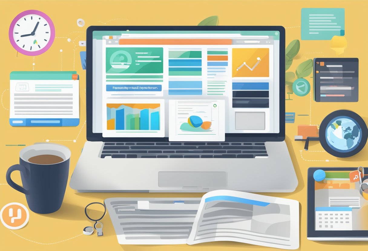 A laptop displaying a website with "Frequently Asked Questions" and "SEO" tabs open, surrounded by various digital marketing tools and charts