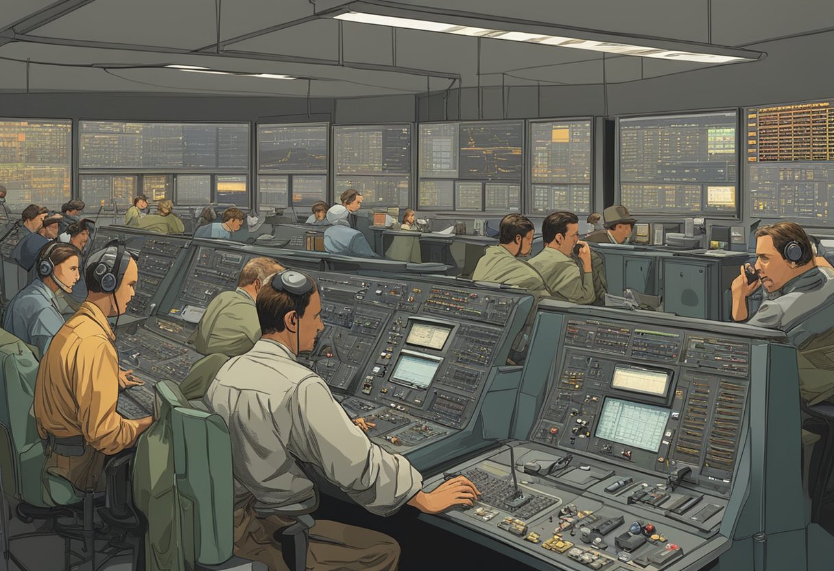 A crowded room with operators at their stations, furiously tuning dials and exchanging call signs over crackling radios. Scoreboards track points as the tension builds