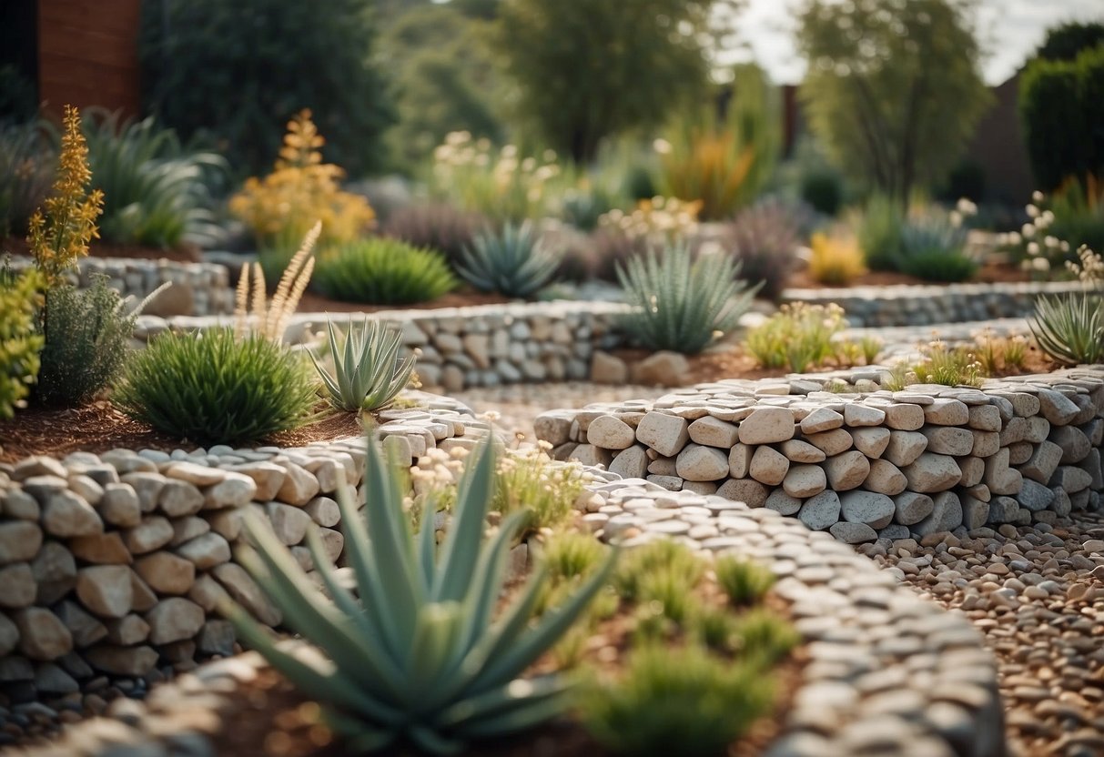 A garden filled with gabion walls, planters, and seating. Gravel paths wind through the space, with a mix of native plants and succulents creating a natural and modern aesthetic