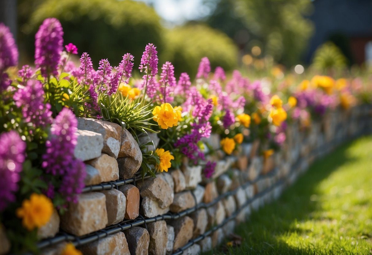 A gabion retaining wall filled with vibrant flowers, creating a stunning garden feature