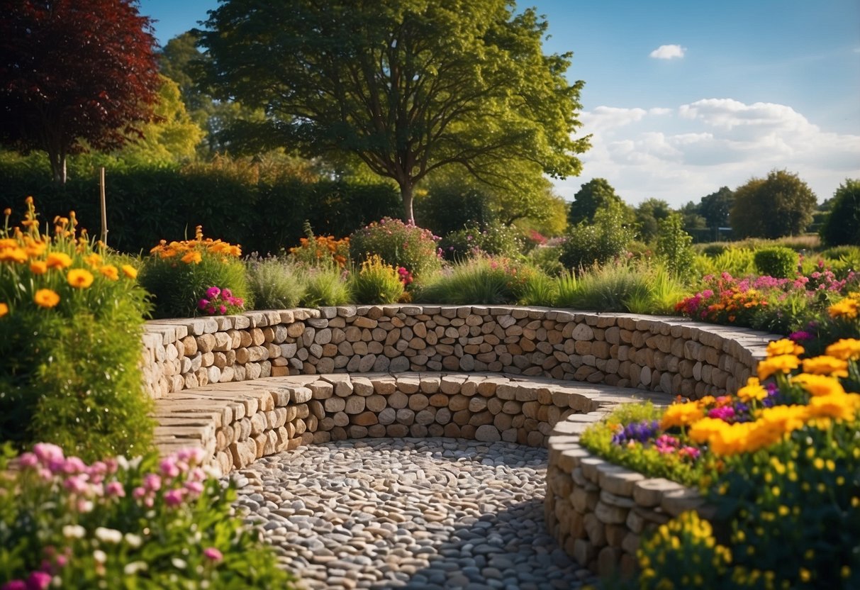 A circular gabion seating area surrounded by lush greenery and colorful flowers, with a variety of gabion garden ideas incorporated into the design