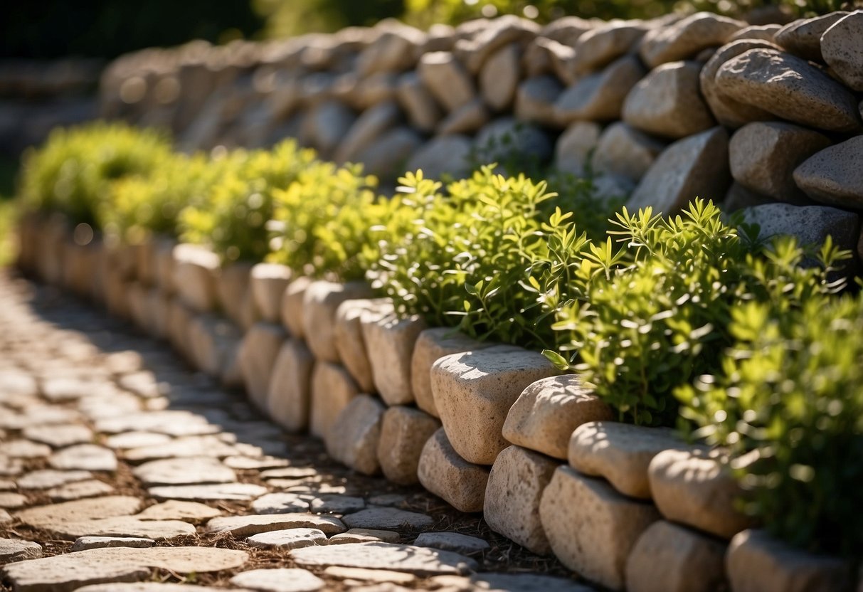 A stone-filled gabion wall lines a lush garden, with plants spilling over the edge. The sun casts long shadows on the textured surface