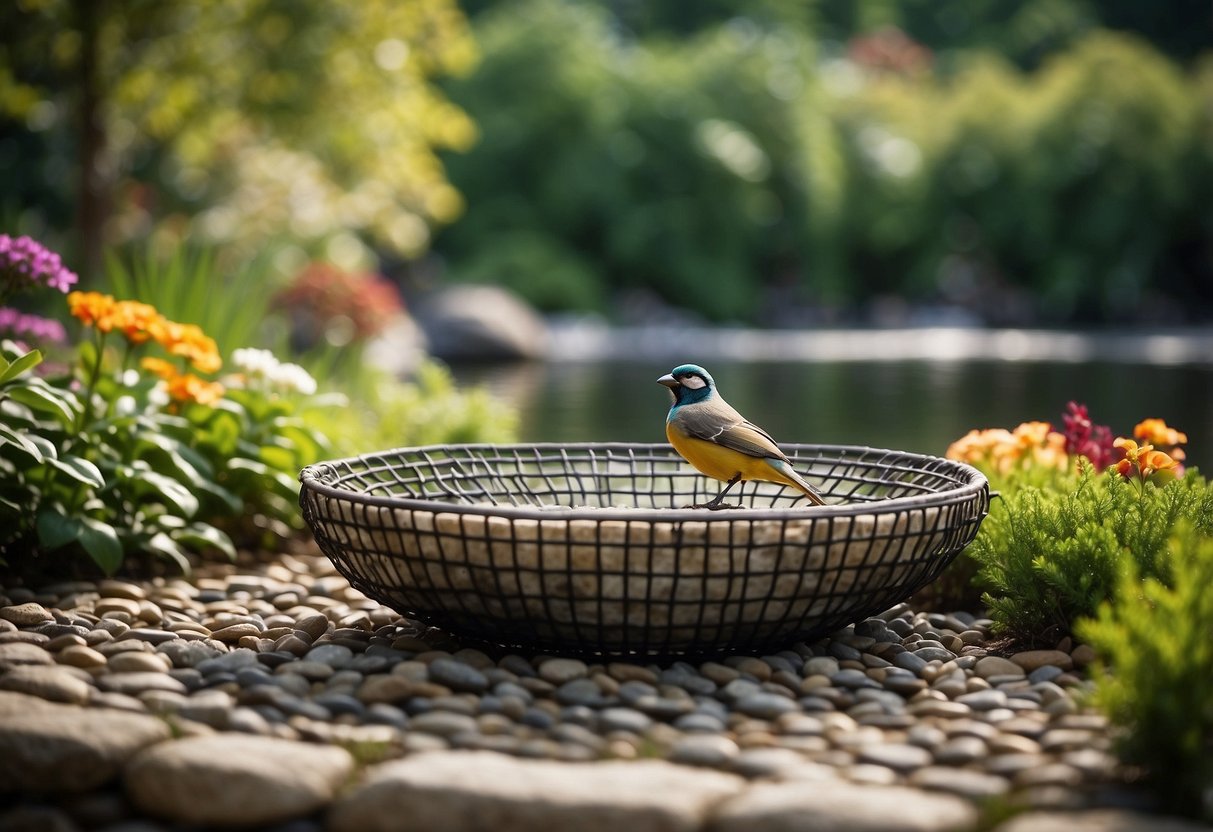 A gabion bird bath sits in a tranquil garden, surrounded by lush greenery and colorful flowers. The metal mesh of the gabion is filled with smooth river rocks, creating a natural and rustic look