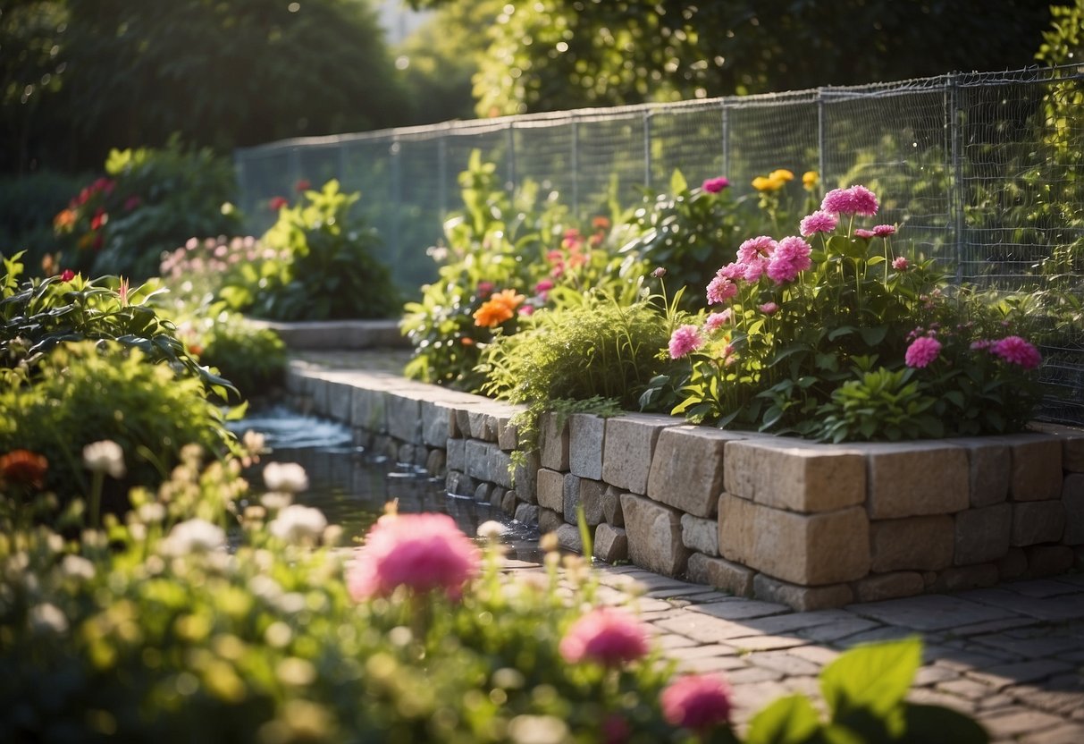 A lush garden surrounded by gabion walls, with colorful flowers and plants spilling out of the wire mesh. A serene seating area with a bubbling water feature adds to the tranquil atmosphere