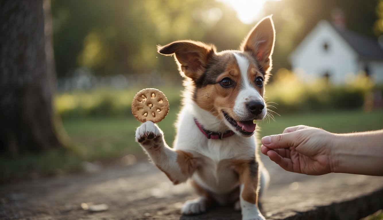 A playful puppy sits attentively, ears perked, as a trainer holds a treat in one hand and gestures with the other