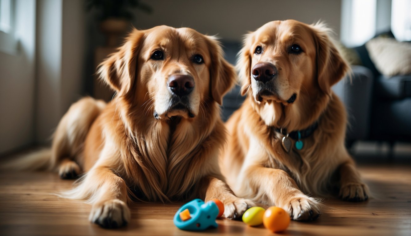A golden retriever sits attentively, focused on its owner's commands. The owner holds a clicker and treats, rewarding the dog for following instructions. A variety of training tools and toys are scattered around the room