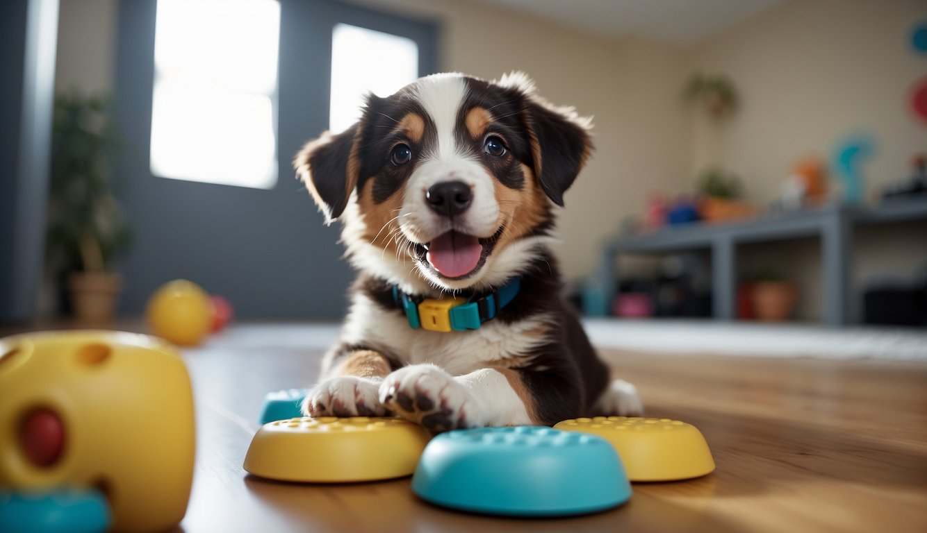 A playful puppy sits attentively as a trainer demonstrates various training tips. Toys and treats are scattered around the room, creating a lively and engaging atmosphere
