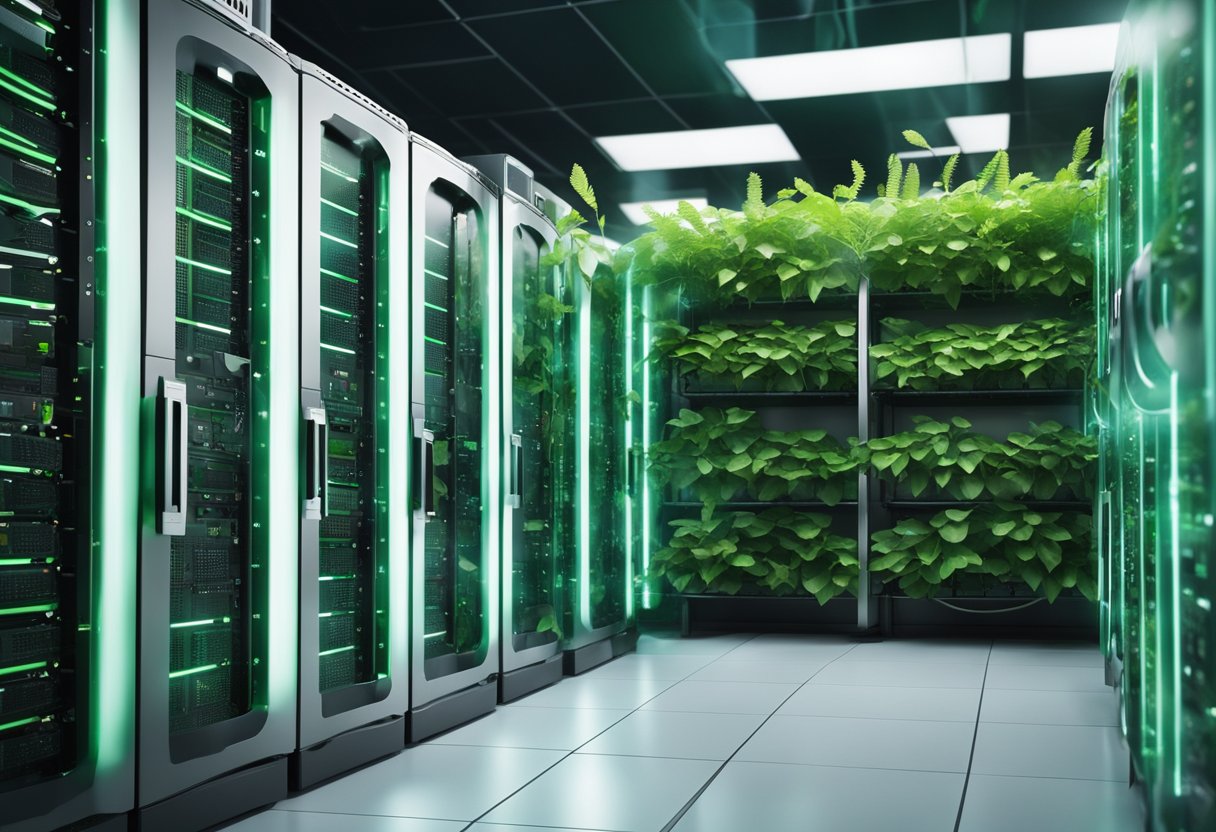 A server room filled with energy-efficient equipment and renewable energy sources powering servers. Green leaves and eco-friendly symbols adorn the walls