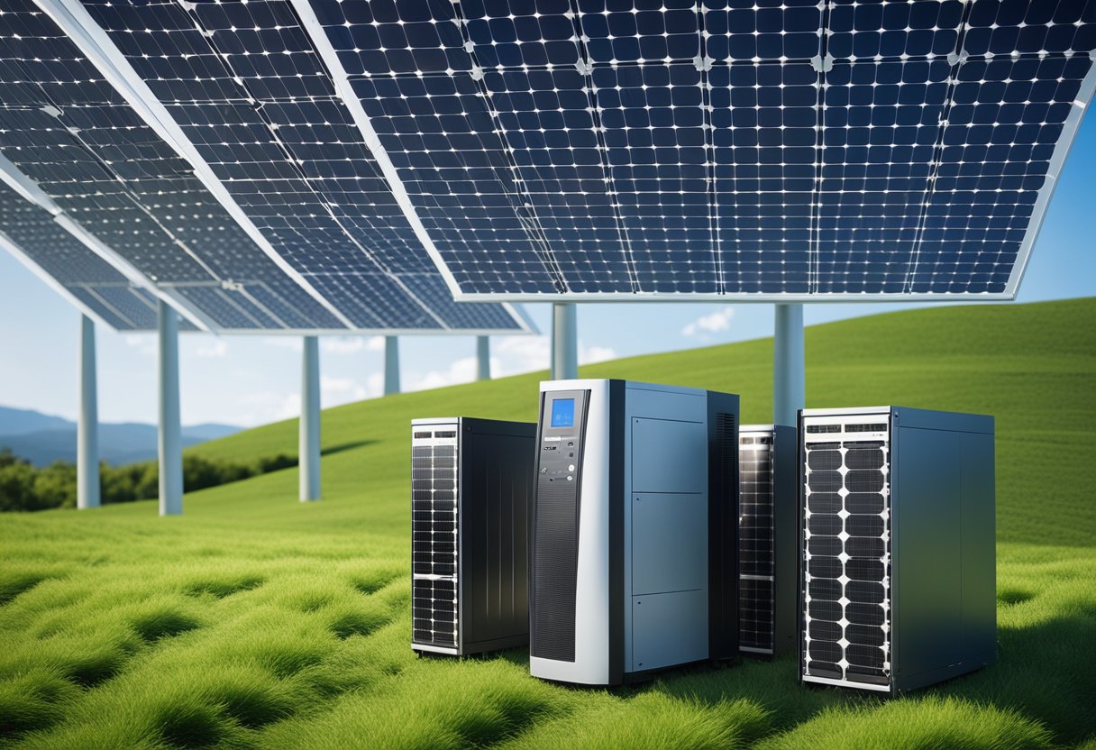 A computer server surrounded by green energy sources like wind turbines and solar panels, with a clear blue sky in the background