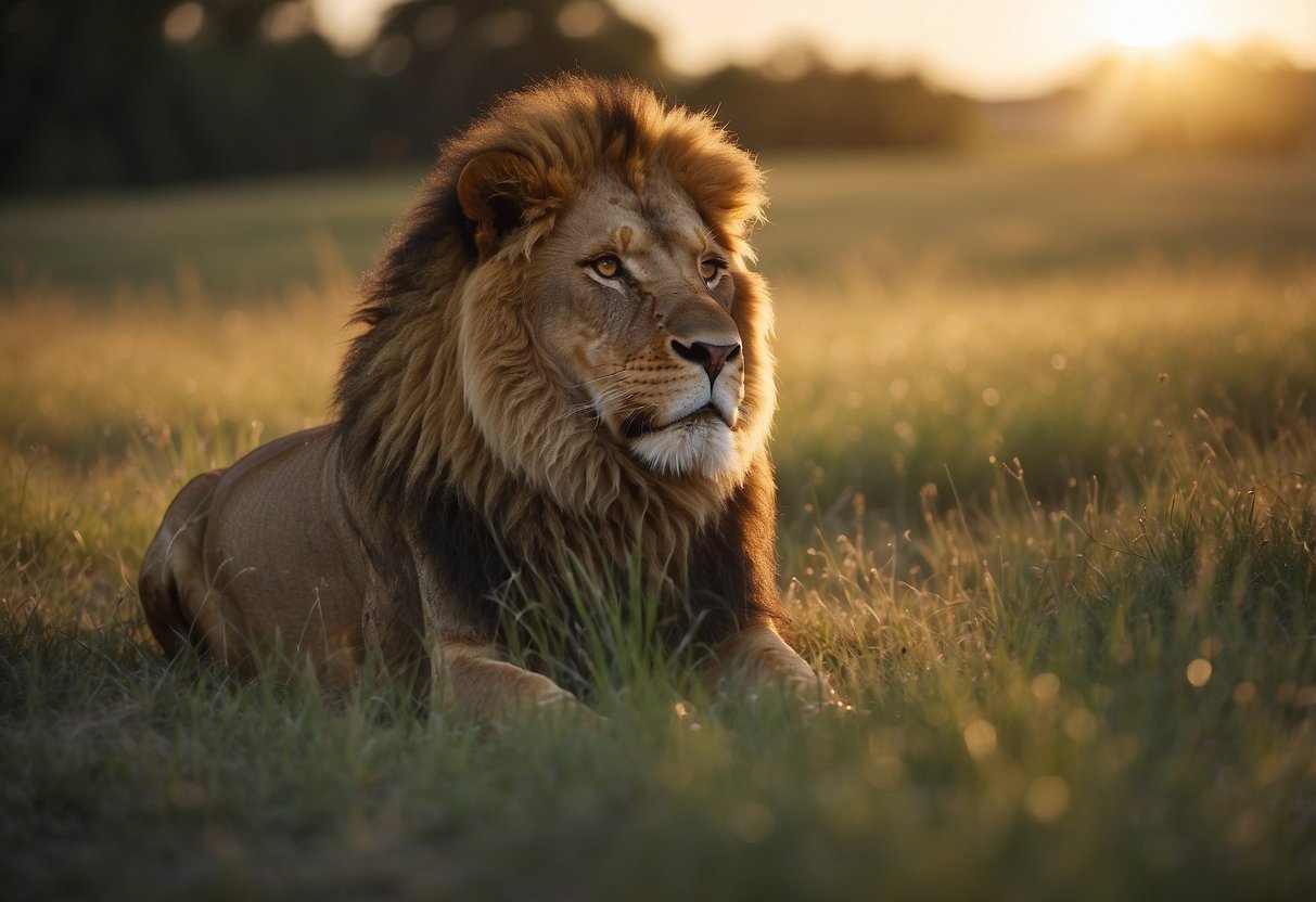 A lion and a shield face off in a grassy savanna, under a bright sun