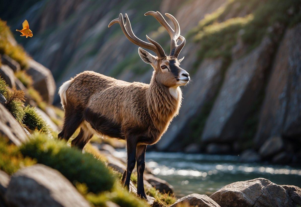 A steinbock stands majestically on a rocky mountain ledge, while below, a school of colorful fish swim gracefully in a clear, flowing stream