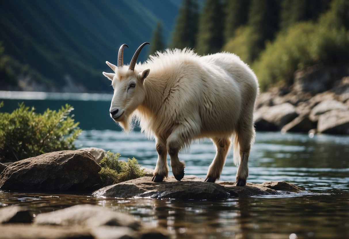 A dynamic scene of a mountain goat and a fish facing challenges in their natural habitat