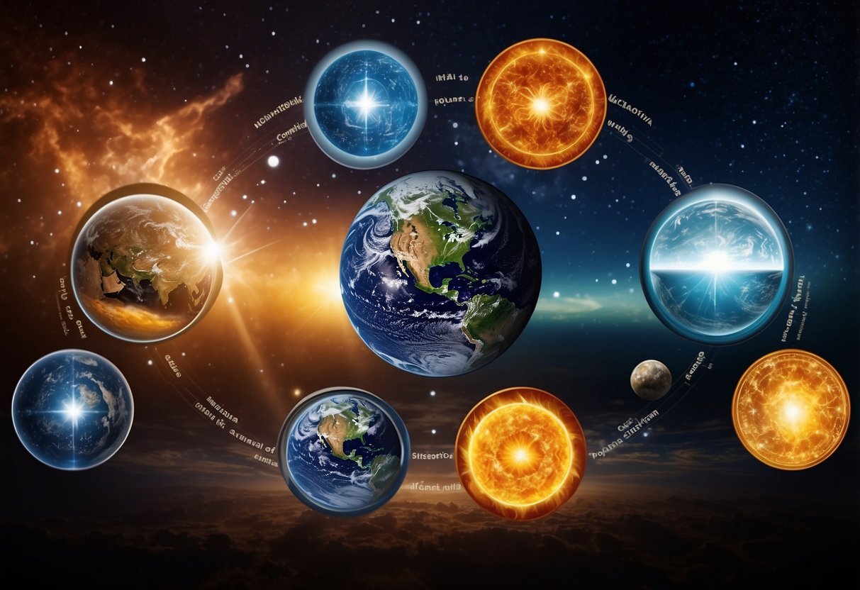 The four elements of astrology: earth, air, fire, and water, each represented by their respective symbols and surrounded by celestial bodies