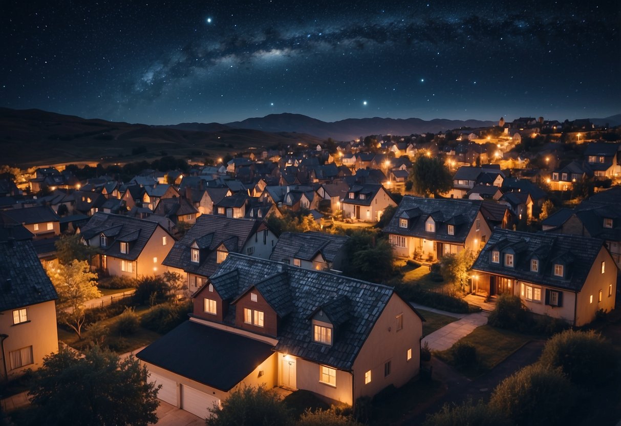 A cluster of houses under a starry night sky, with astrological symbols floating above each rooftop