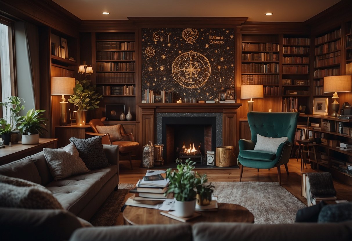 A cozy room with astrological symbols adorning the walls, books on personal development scattered around, and a peaceful ambiance