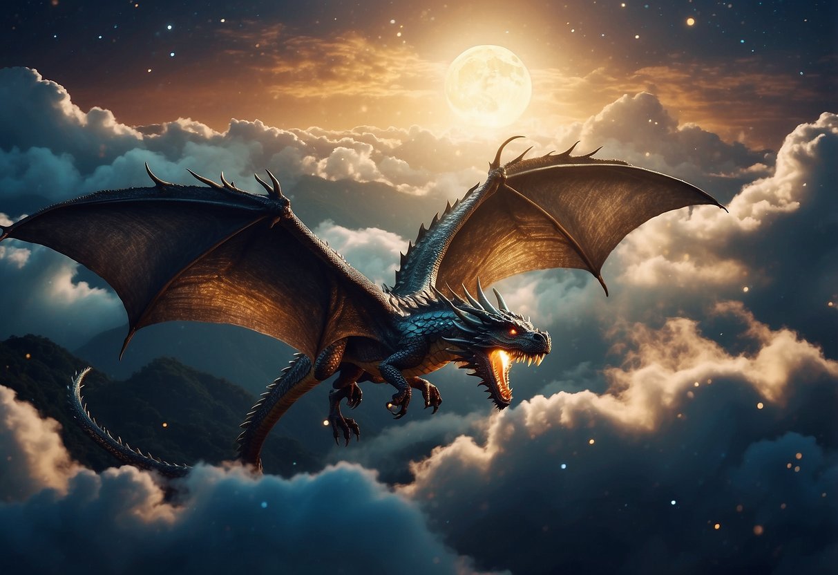 In 2024, a majestic dragon soars through a vibrant sky, surrounded by swirling clouds and shimmering stars. The dragon's scales glisten in the moonlight, casting a mesmerizing glow over the landscape below