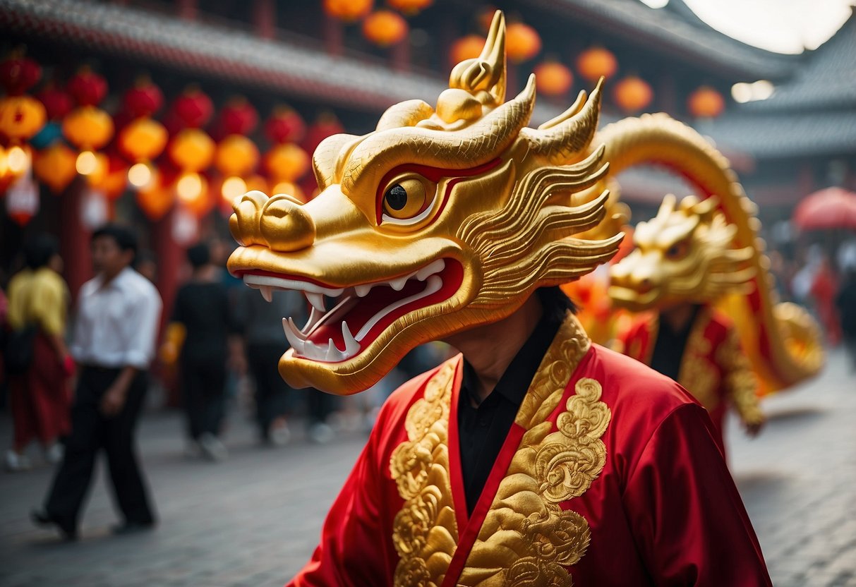 A bustling marketplace with vibrant red and gold decorations for the Year of the Dragon 2024. Traditional dragon dance performances fill the air with energy and excitement