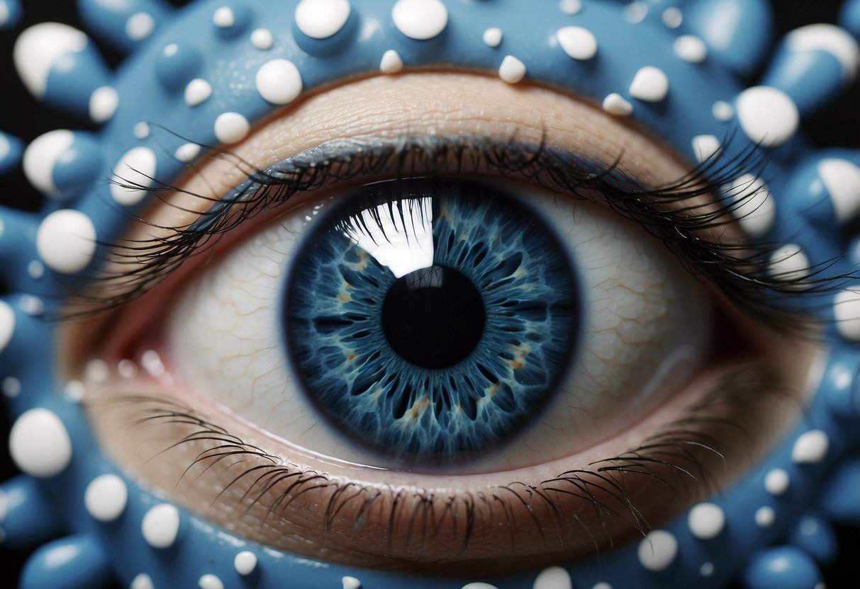 A blue eye surrounded by a circle of alternating blue and white teardrop shapes, with a black pupil in the center