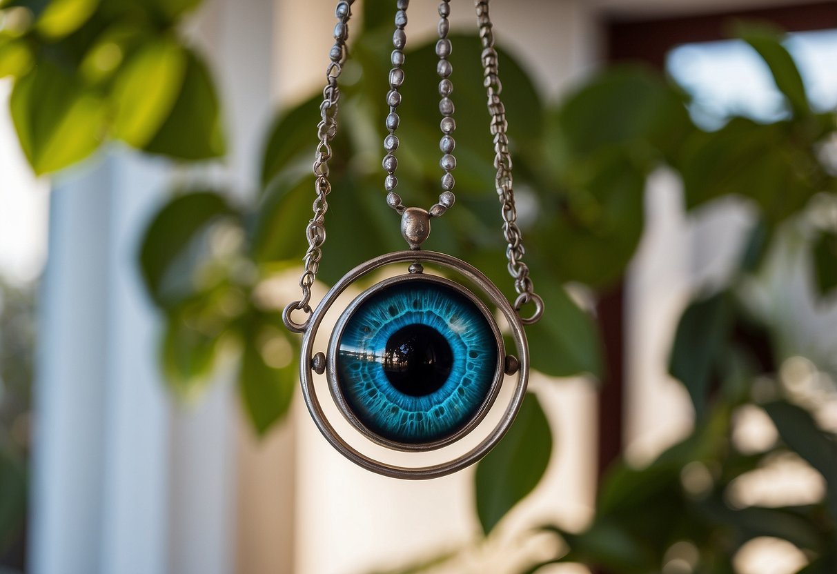 A nazar eye hanging in a window, warding off negative energy. Surrounding it, everyday objects like keys, plants, and jewelry