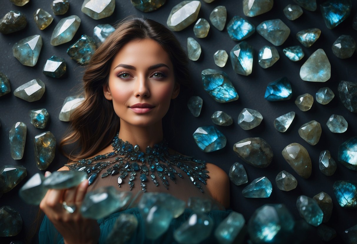 A woman surrounded by labradorite crystals, radiating calm and confidence