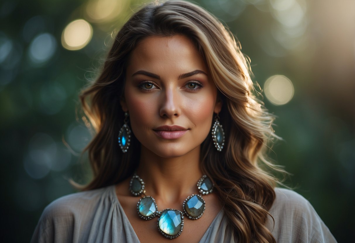 A serene woman surrounded by labradorite jewelry, radiating confidence and inner strength. The iridescent stones reflect light, symbolizing empowerment and protection for women