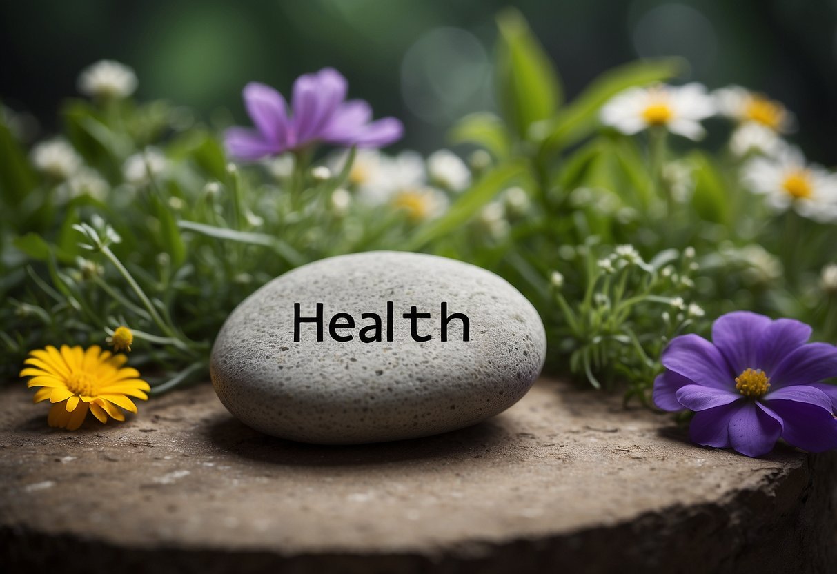 A stone with "health" written on it, surrounded by fresh herbs and flowers