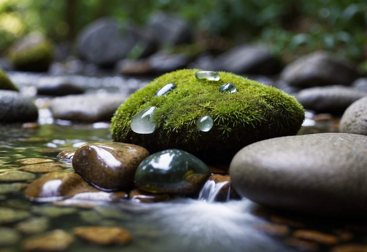 A serene landscape with various healing stones arranged in a natural setting, surrounded by lush greenery and softly flowing water