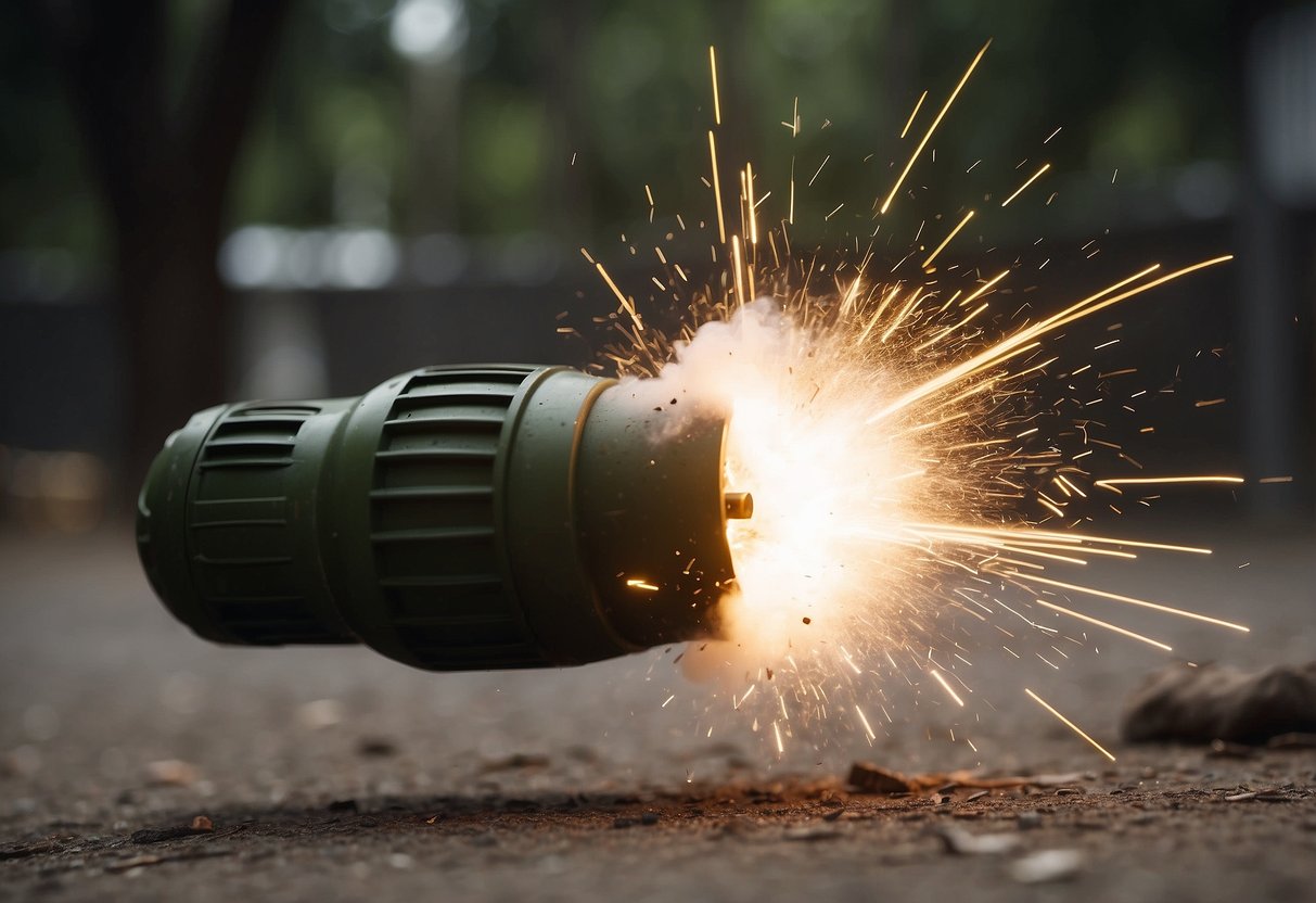 A grenade explodes, sending debris flying in all directions