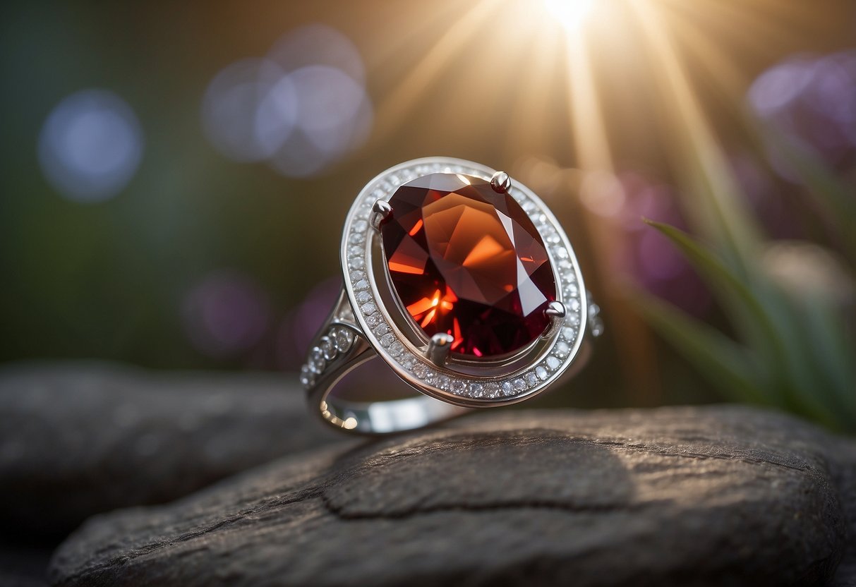 A serene setting with a glowing garnet gem surrounded by soft, ethereal light, evoking a sense of spiritual and therapeutic energy