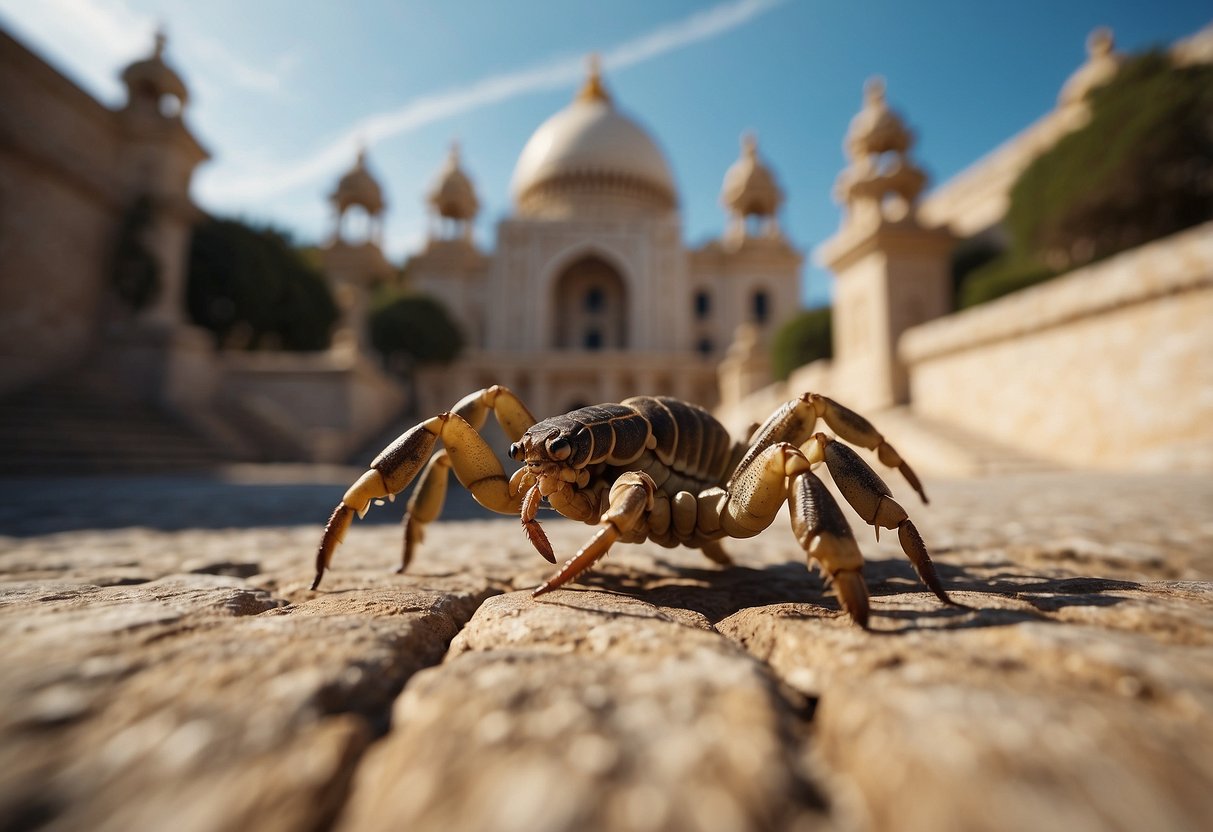 A scorpion crawling near famous landmarks