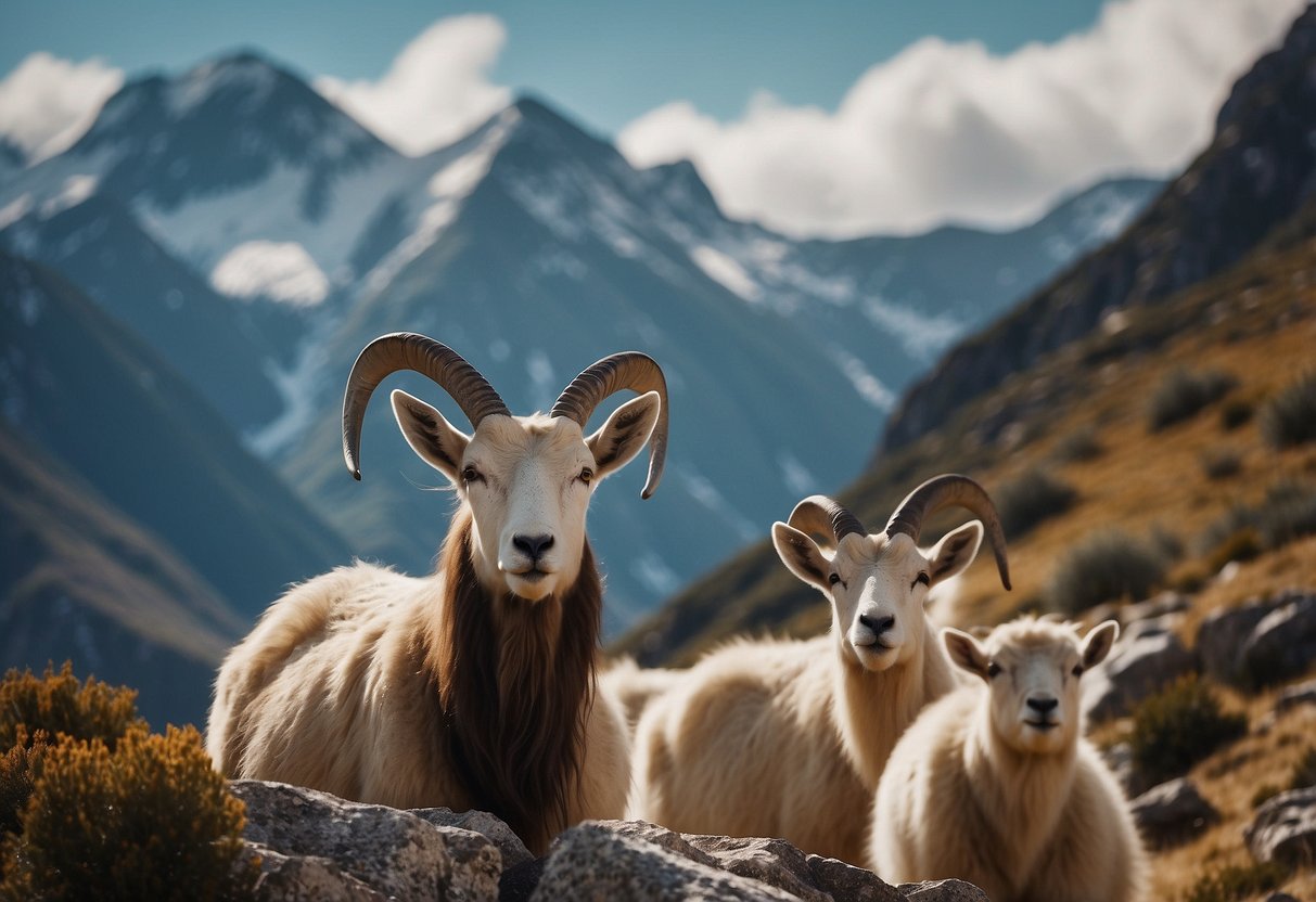 Famous Capricorn celebrities surrounded by mountain goats in a majestic mountain landscape