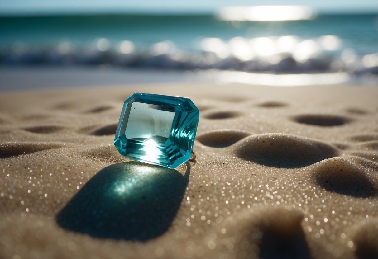 A shimmering aquamarine gemstone rests on a bed of soft, sandy beach, catching the light and casting a tranquil, soothing glow