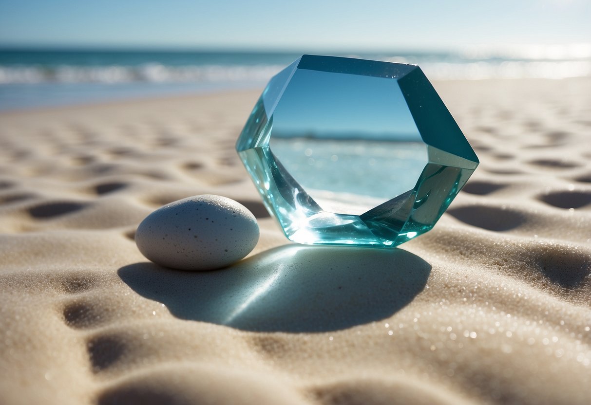 A tranquil ocean scene with a clear blue aquamarine gem resting on a bed of smooth, white sand, surrounded by gentle waves and the sound of seagulls in the distance