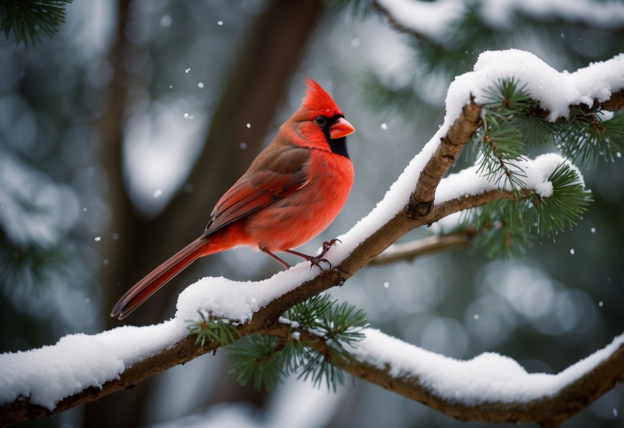 A cardinal perched on a snow-covered branch, surrounded by pine trees and a winter landscape