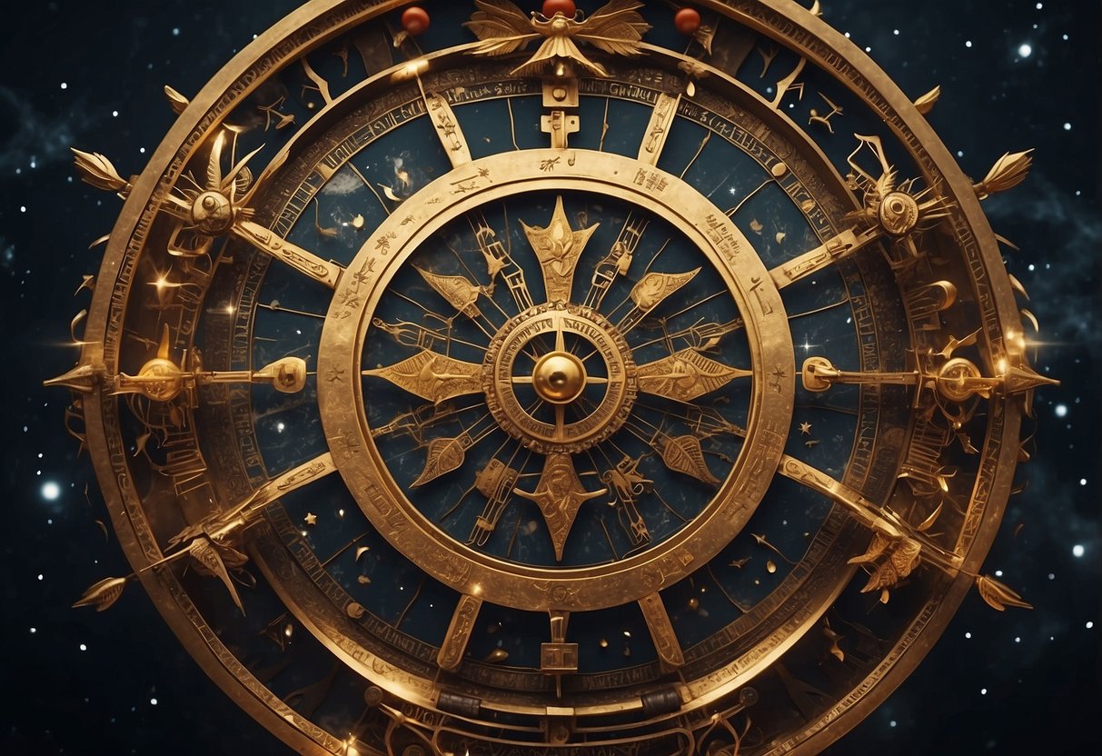 A celestial wheel with cardinal signs prominent, surrounded by symbols of power and influence