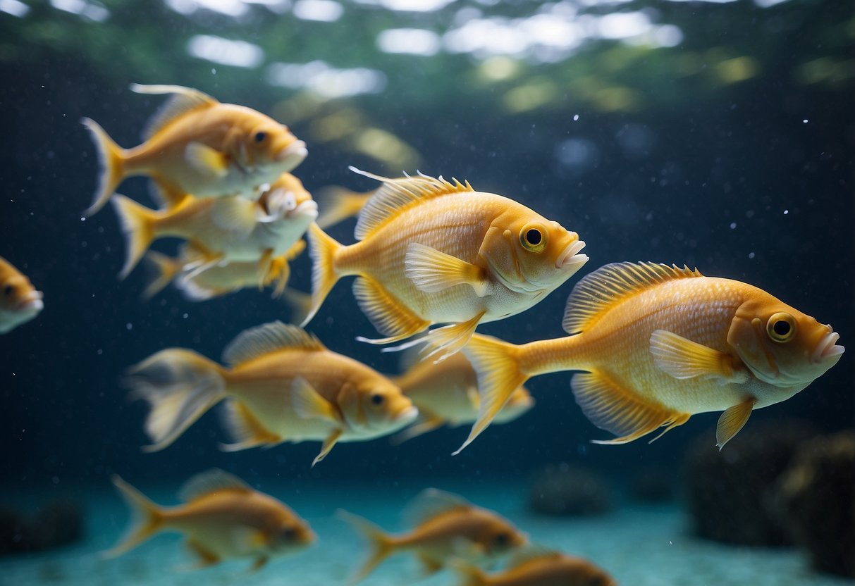 A school of fish swimming gracefully, each displaying unique traits and personalities, representing the zodiac sign Pisces