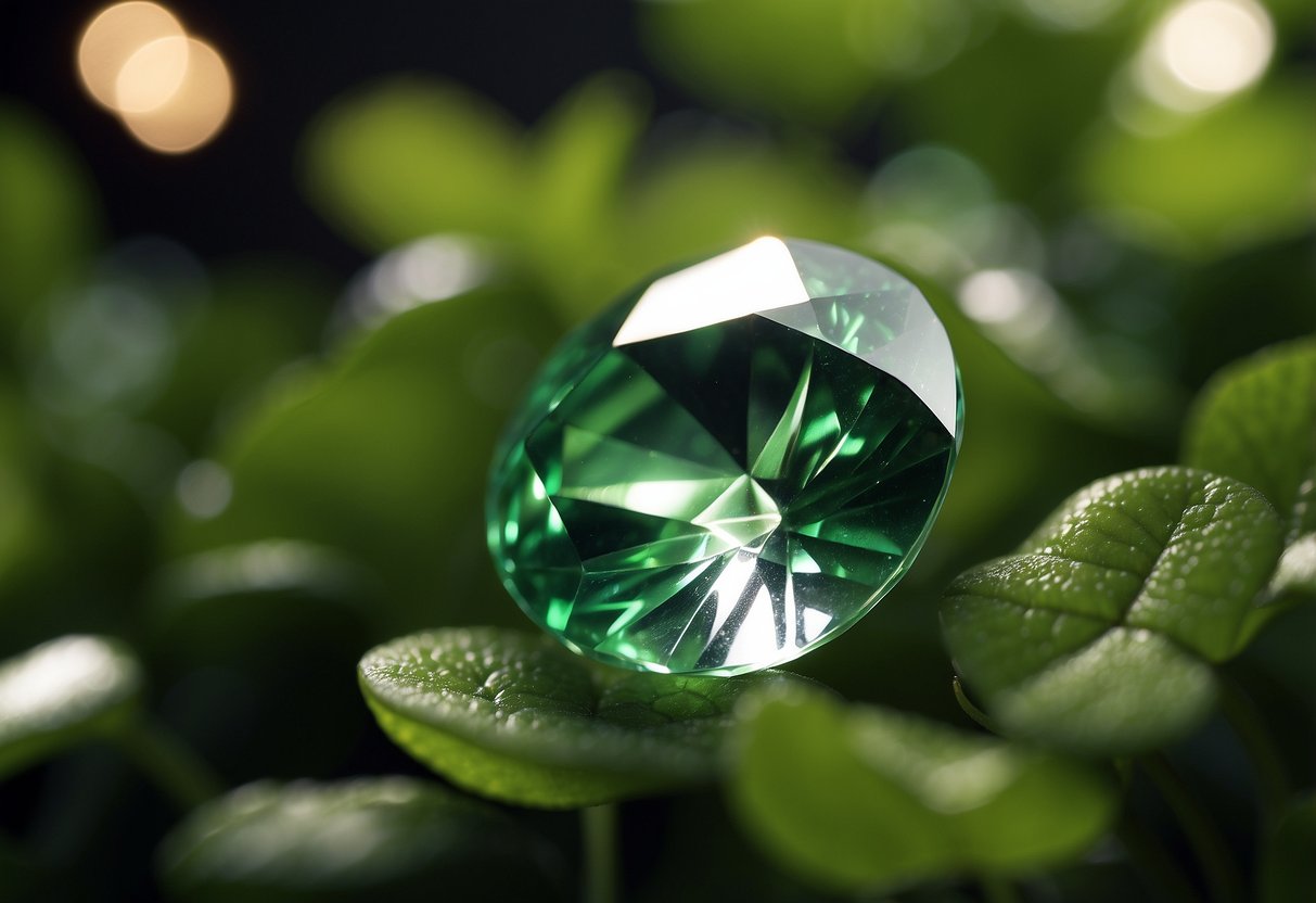 A sparkling gemstone for luck and success, surrounded by four-leaf clovers and shining stars