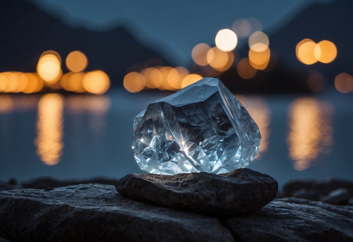 A serene night scene with a glowing bergkristall (rock crystal) emitting a calming energy, promoting peaceful sleep