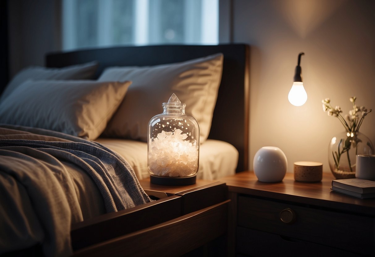 A serene bedroom with a clear quartz crystal on a nightstand, emitting a soft glow and creating a peaceful atmosphere for rest and relaxation