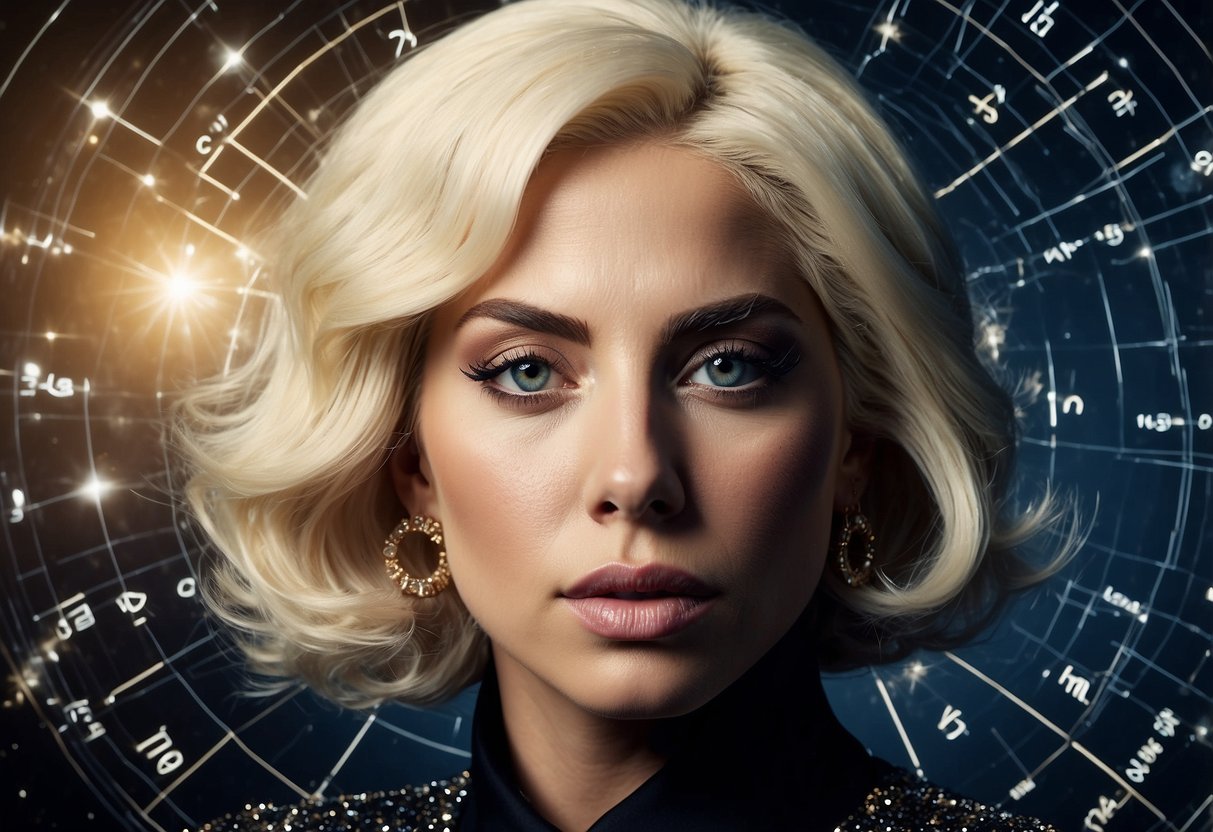 Lady Gaga's astrological profile: A cosmic chart with zodiac symbols, planets, and constellations surrounding her birth date and time