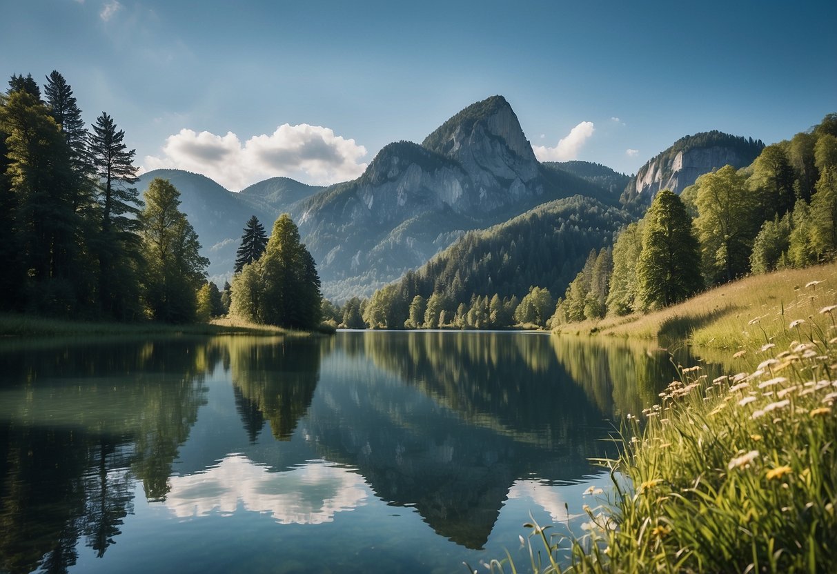 A serene mountain lake reflects the towering heilstein konzentration, surrounded by lush greenery and a clear blue sky