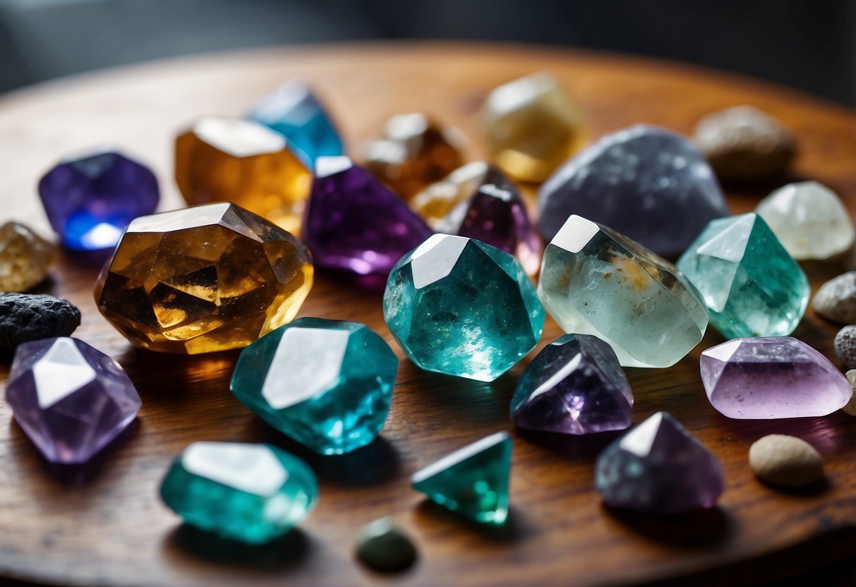 A serene setting with various healing crystals arranged on a table, with soft natural light illuminating the space. The crystals are being selected and used for concentration and healing purposes