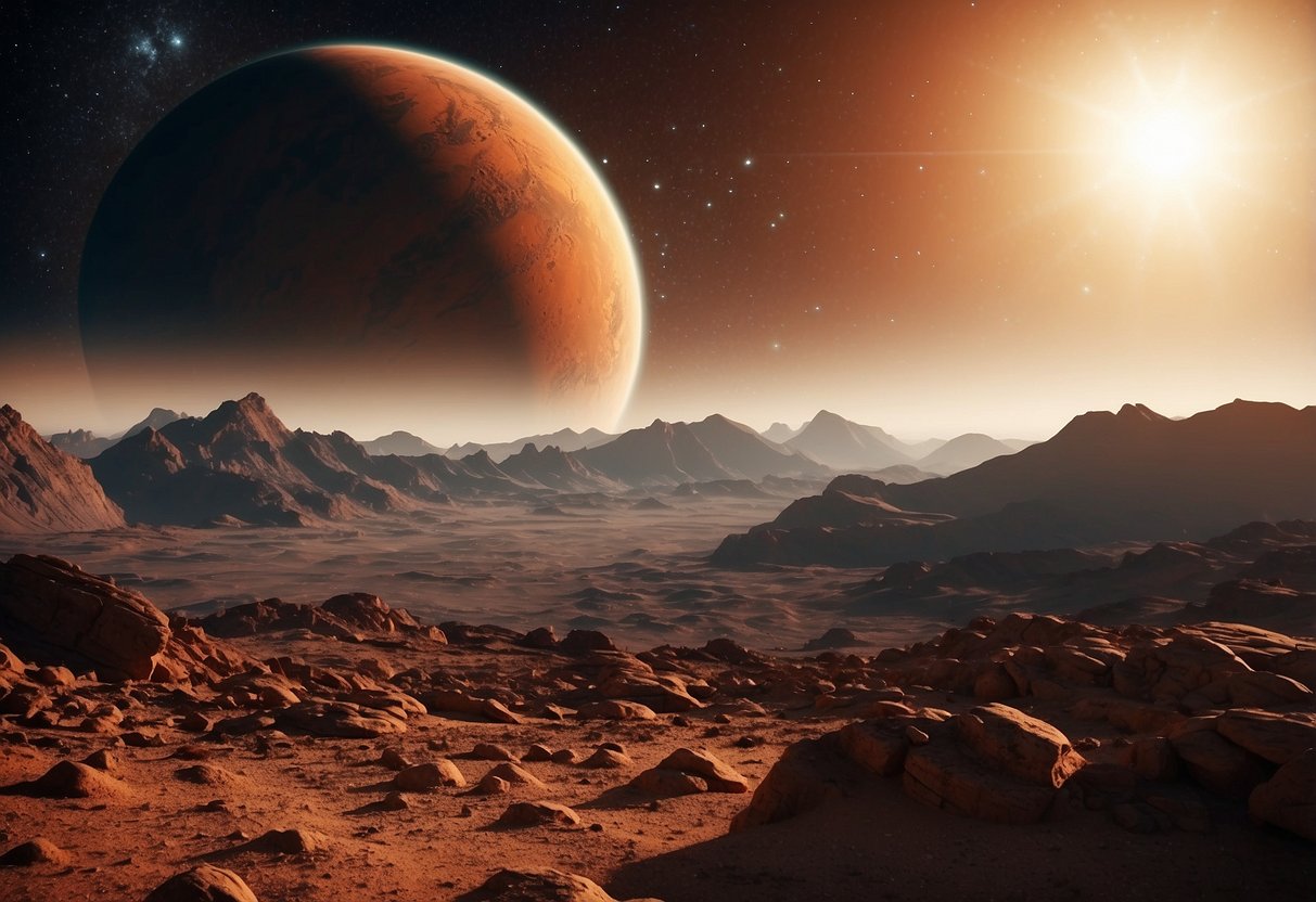 A red planet with swirling clouds and rocky terrain, surrounded by stars and a glowing sun in the distance